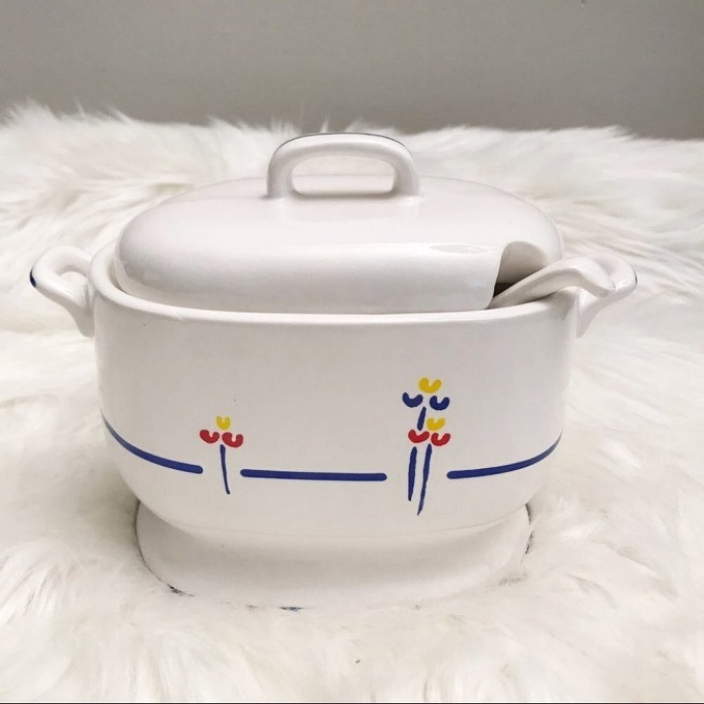 Riva Designs Tulips Soup Tureen Gravy Sauce Boat Blue Line 1980s Japan vintage